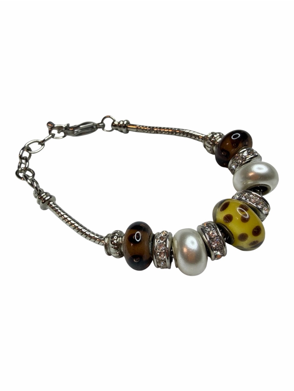 Bella Perlina Silver Charm Bracelet with Yellow Polka Dot glass & Pearl Beads